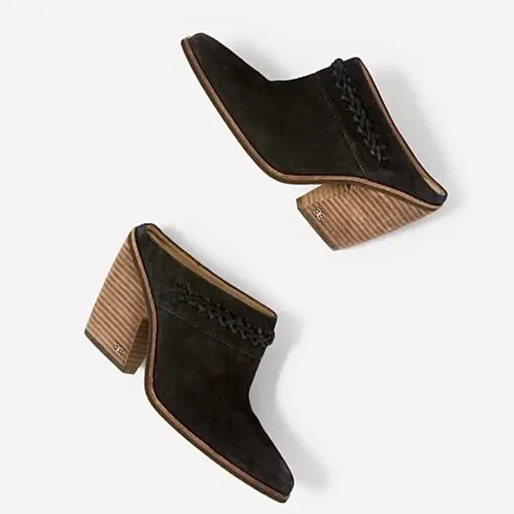 NIB SAM EDELMAN Alison 8M Suede Pointed Toe Stacked Block Heel Mule Black - Picture 2 of 11